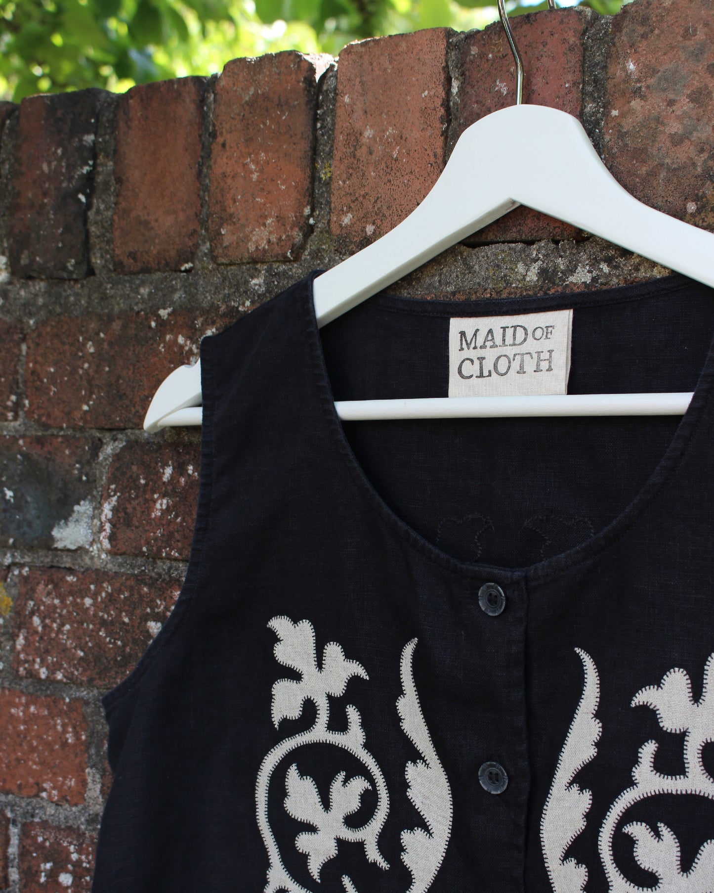 Applique Vines on Black Reworked Linen Waistcoat