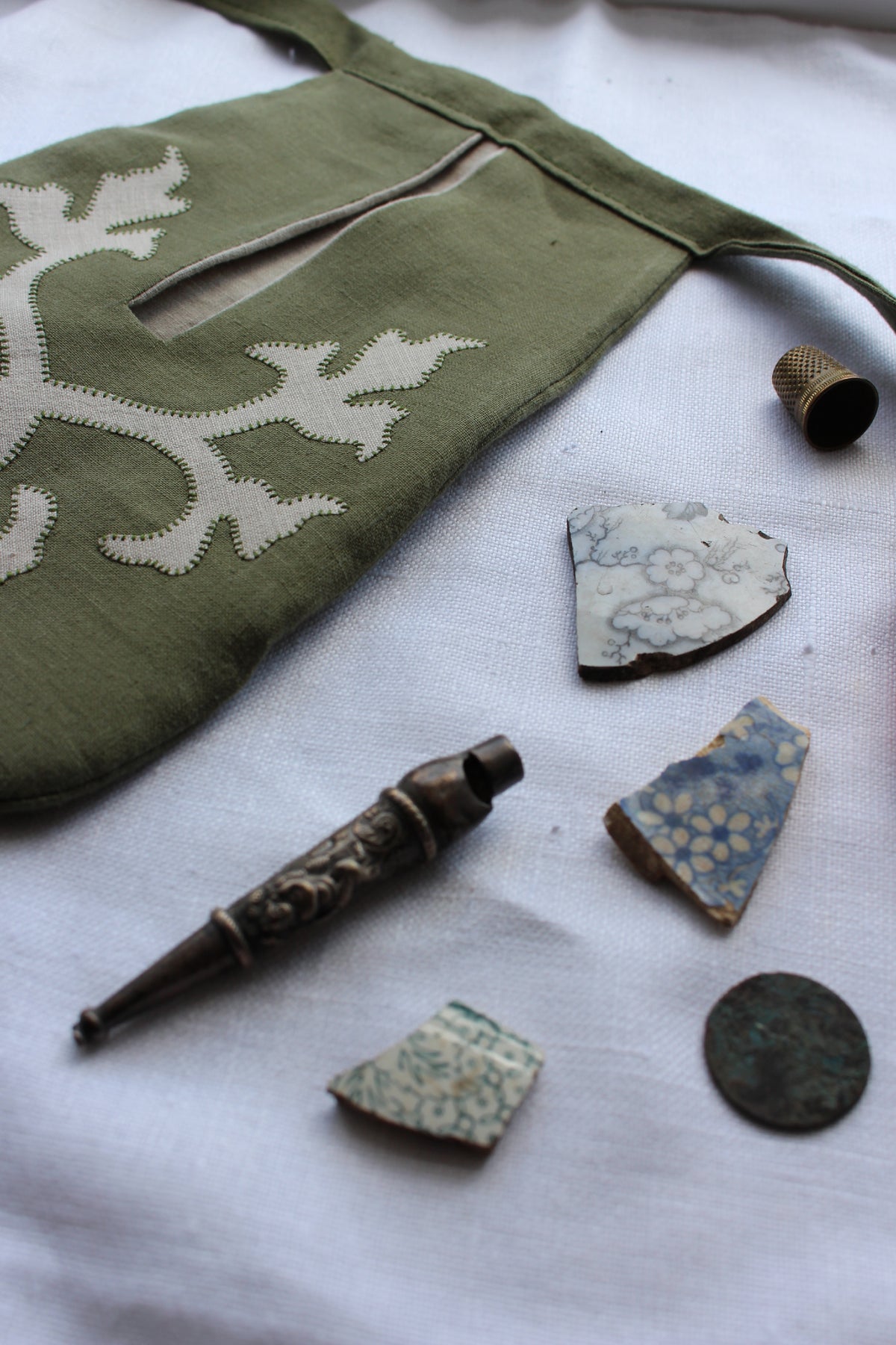 Handmade, Green Linen Tie on Pocket - Ornate Foliage Appliqué