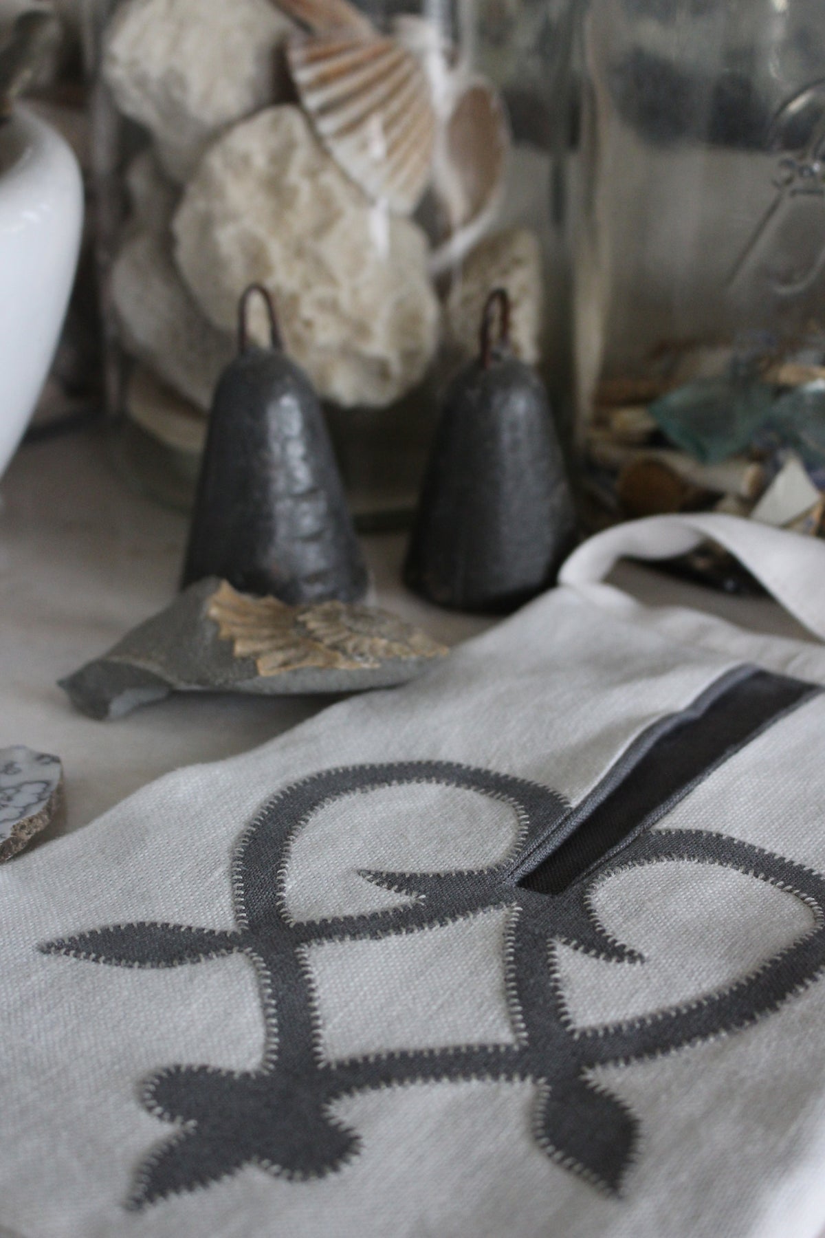 Handmade, Chalk White Linen Tie on Pocket - Grey Celtic Heart Appliqué