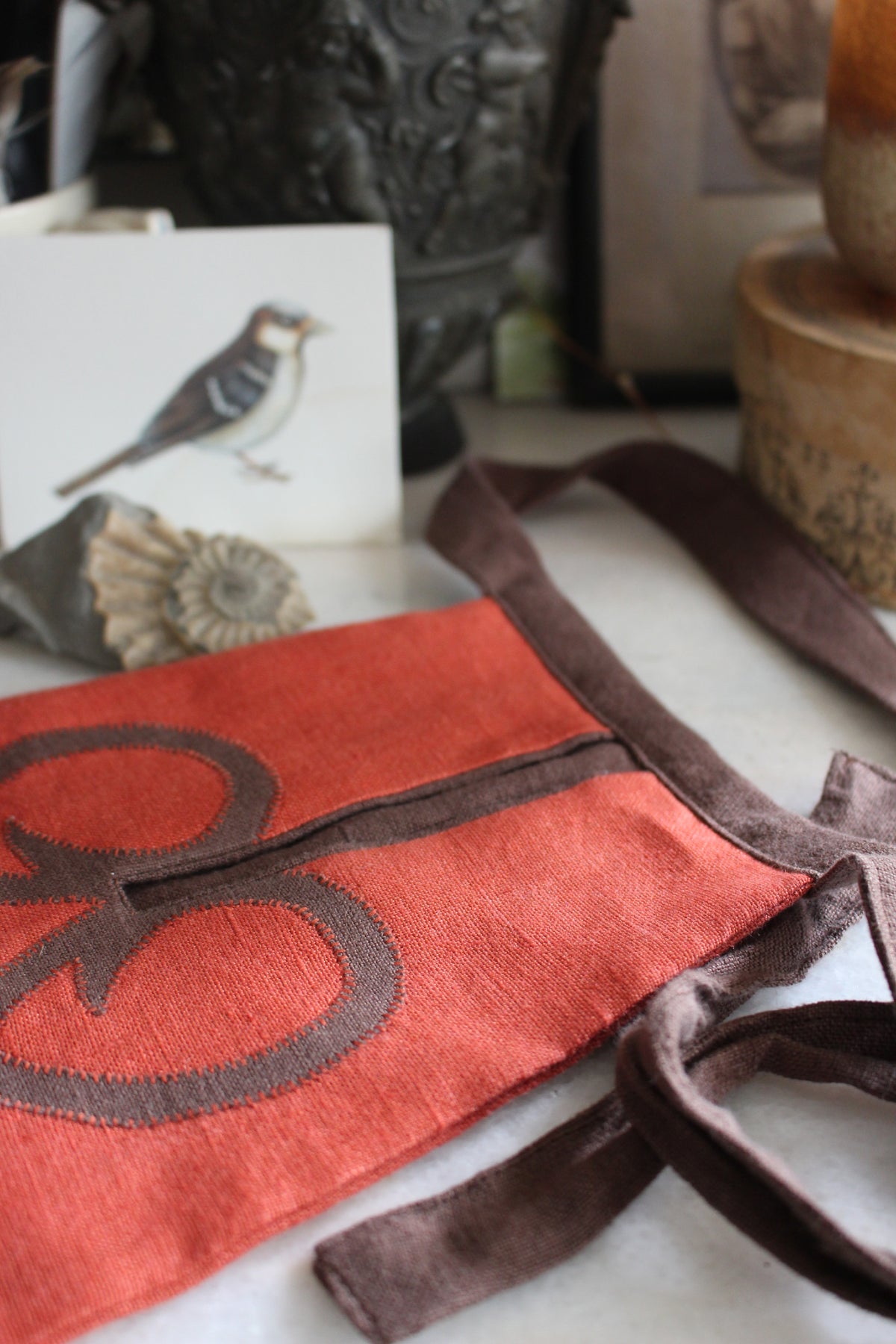 Handmade, Warm Coral Linen Tie on Pocket - Brown Celtic Heart Appliqué
