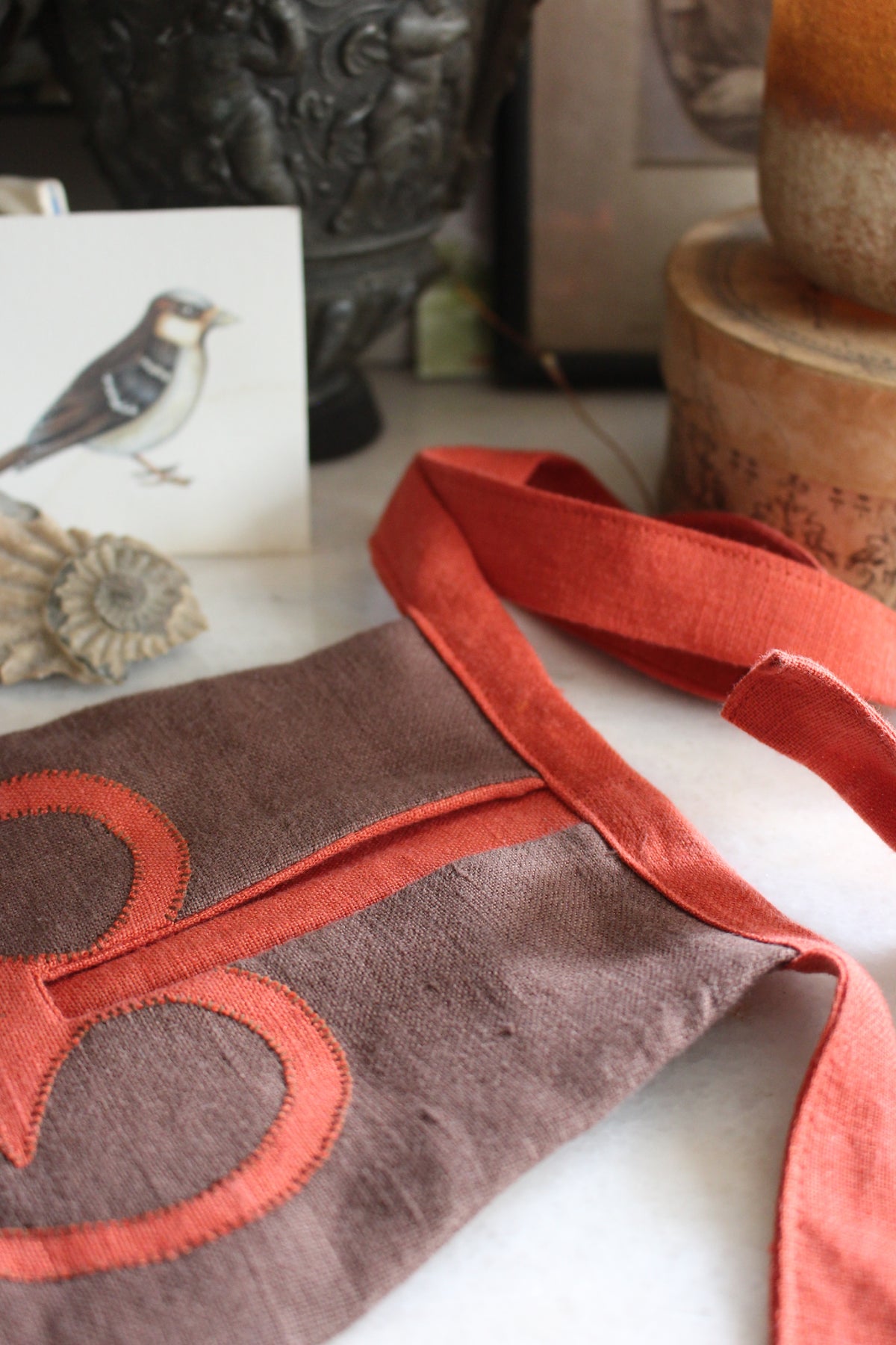 Handmade, Brown Linen Tie on Pocket - Coral Celtic Heart Appliqué