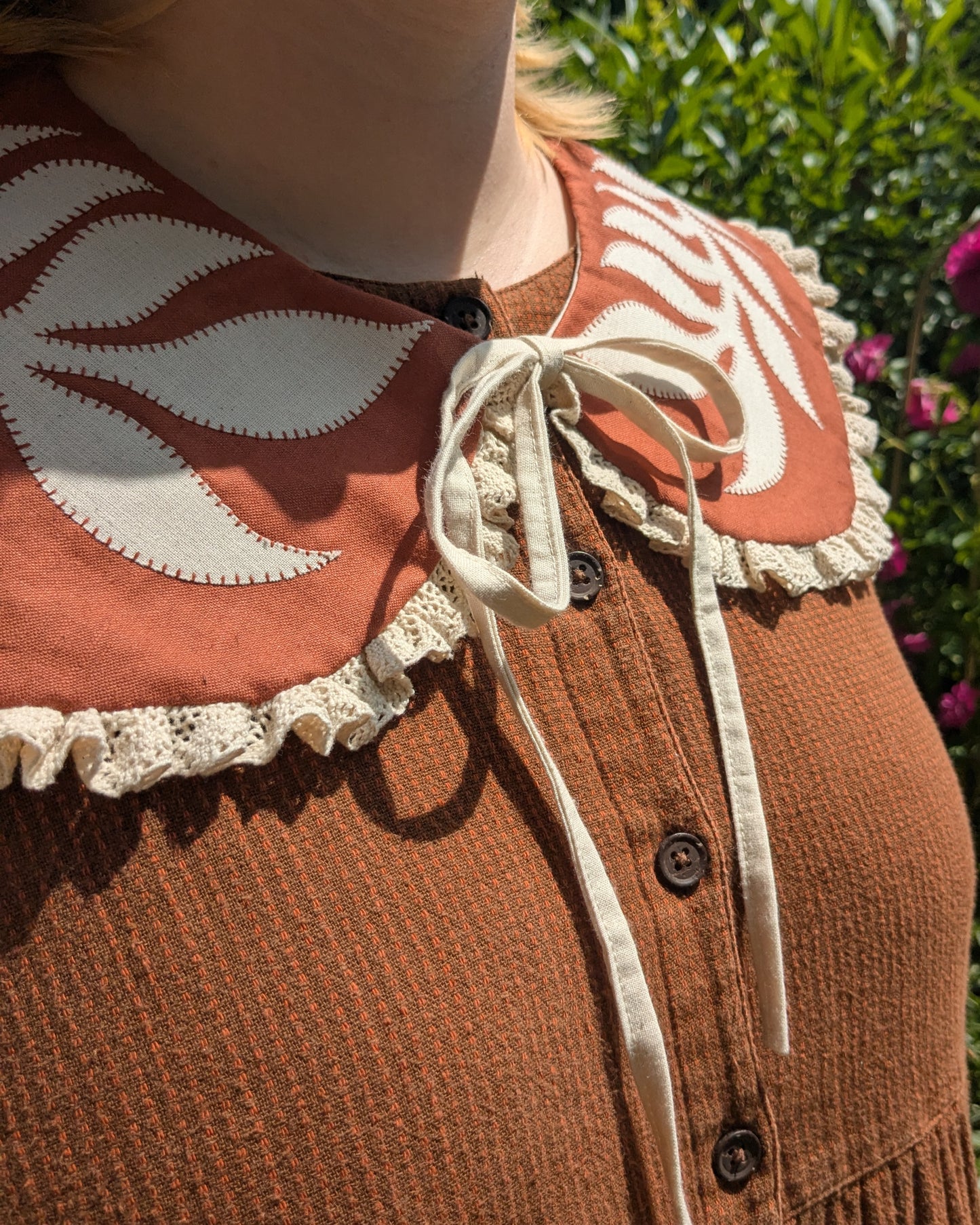 Hand Applique Leaves on Terracotta Collar