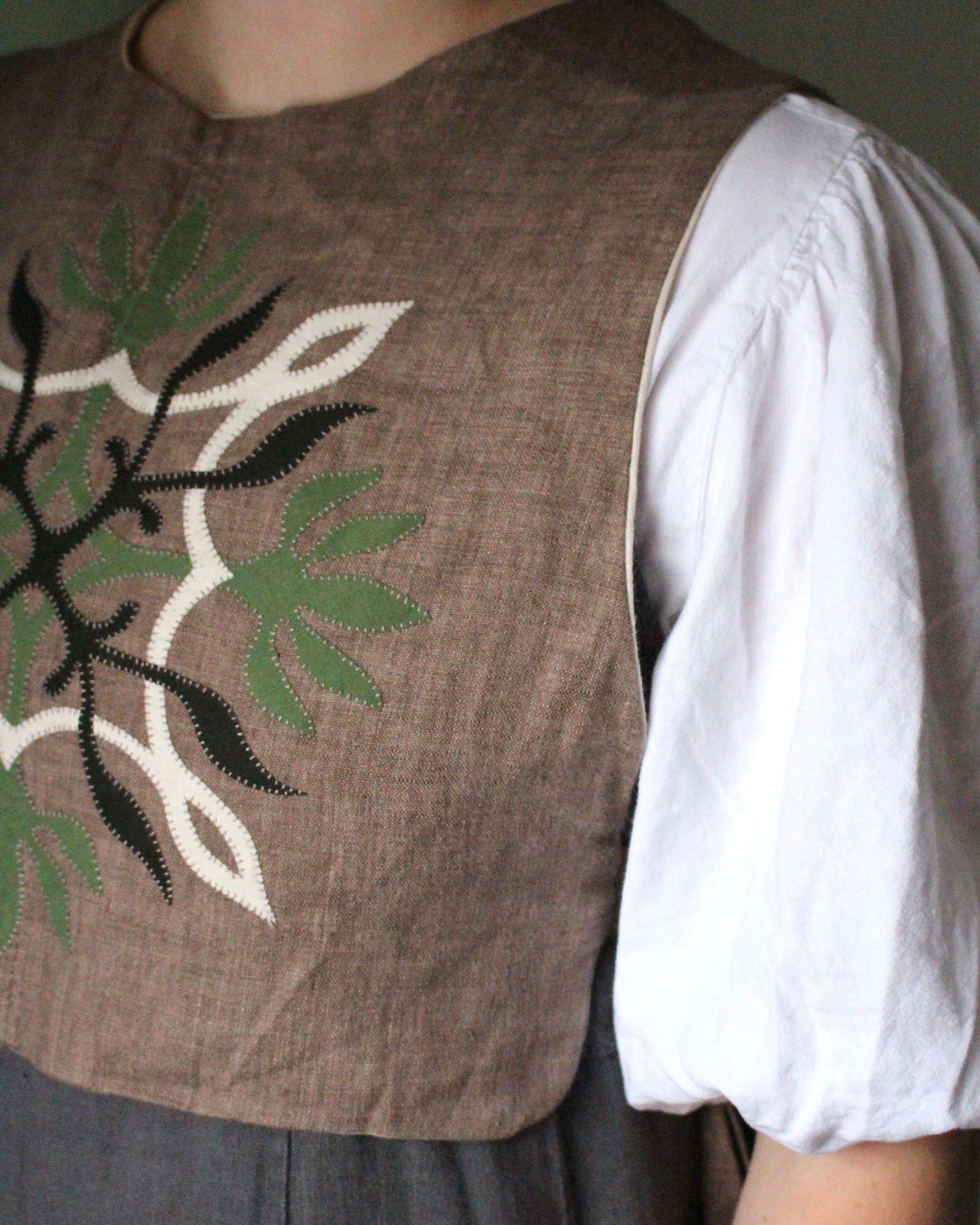 Earthy Brown Linen Tabard With Elvish Applique Design