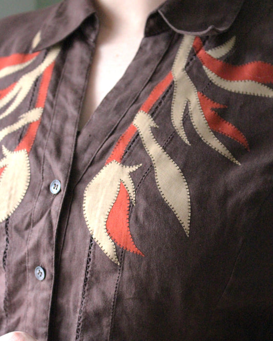 Brown Linen Blouse With Medieval Applique Design.