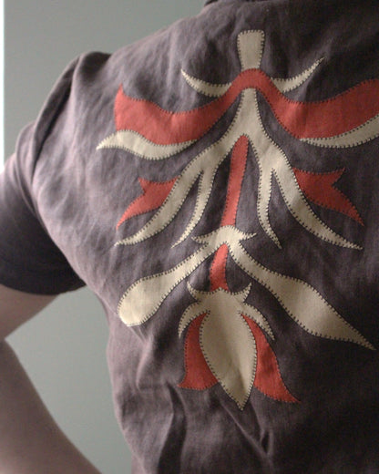 Brown Linen Blouse With Medieval Applique Design.