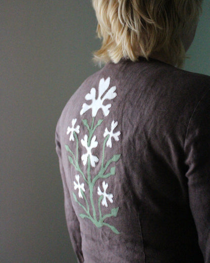 Brown Linen Reworked blouse with Floral Applique