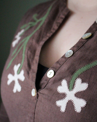 Brown Linen Reworked blouse with Floral Applique