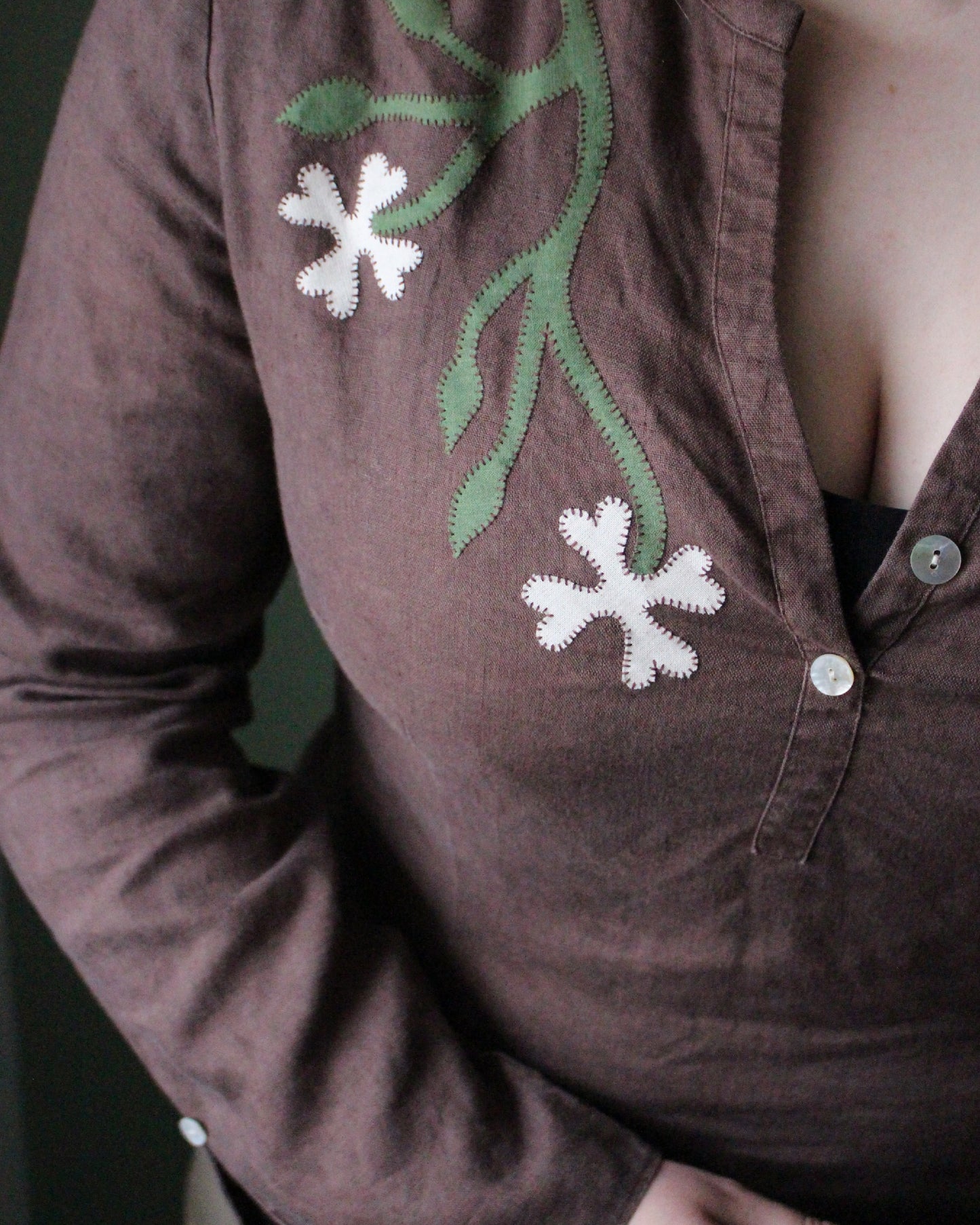 Brown Linen Reworked blouse with Floral Applique