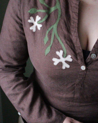 Brown Linen Reworked blouse with Floral Applique