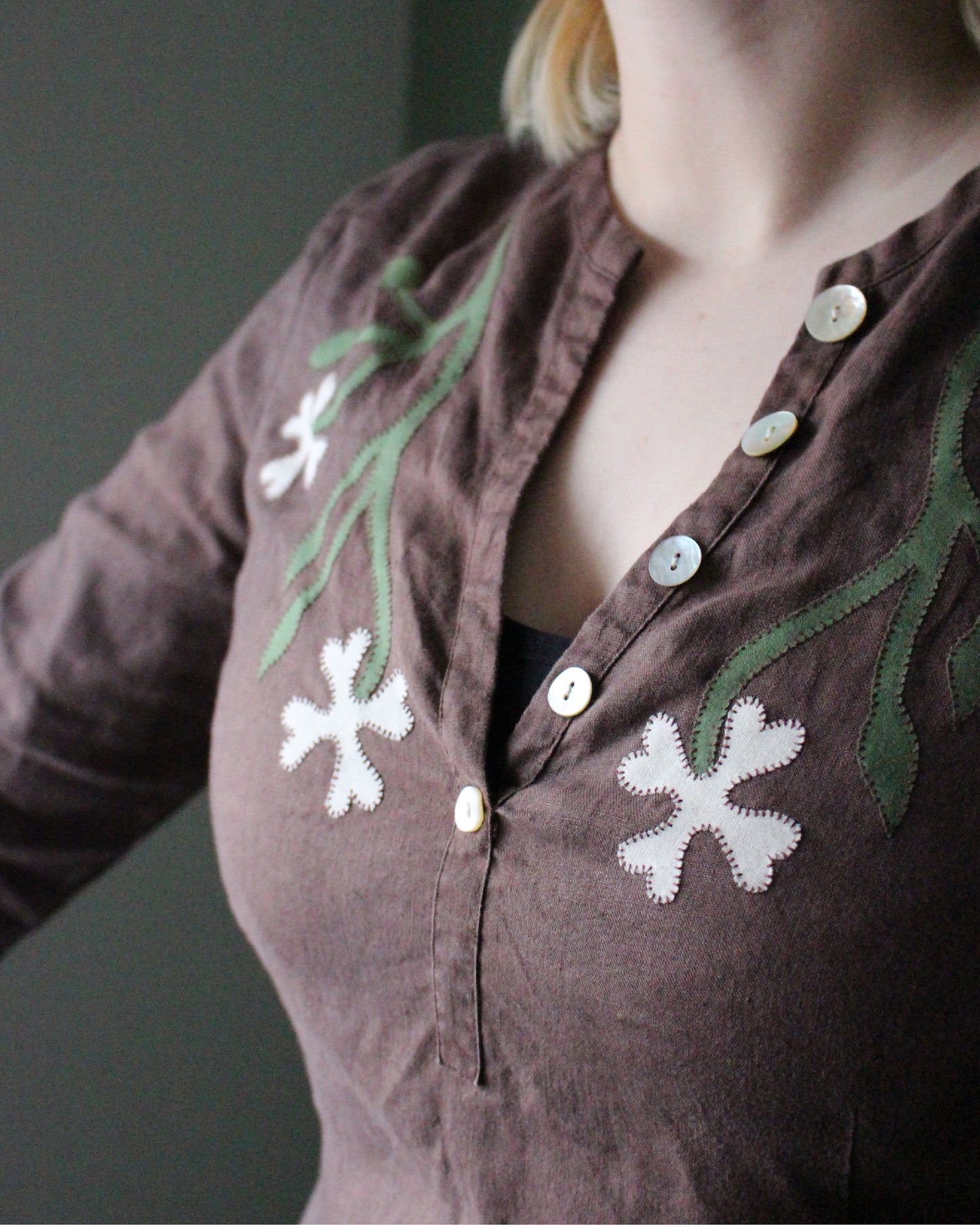 Brown Linen Reworked blouse with Floral Applique