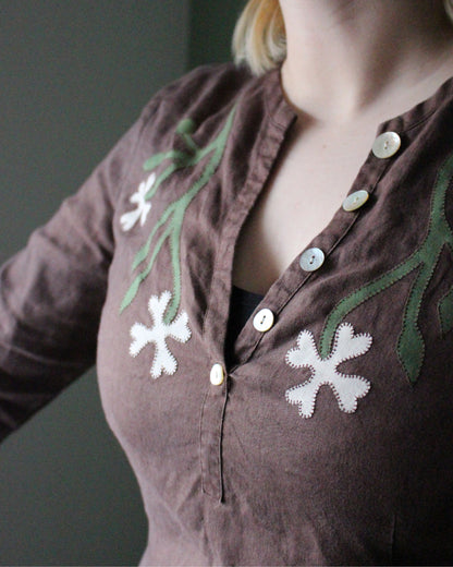 Brown Linen Reworked blouse with Floral Applique