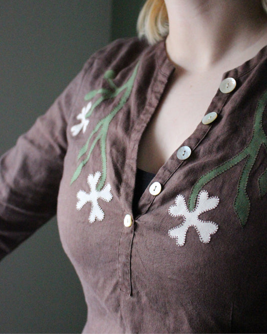 Brown Linen Reworked blouse with Floral Applique