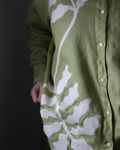 Lime Green Long Sleeve Shirt With Botanic Asymmetric Applique