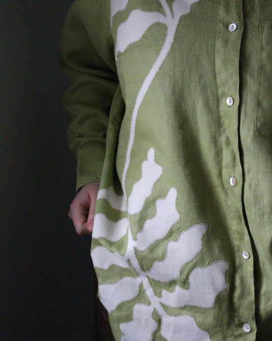 Lime Green Long Sleeve Shirt With Botanic Asymmetric Applique