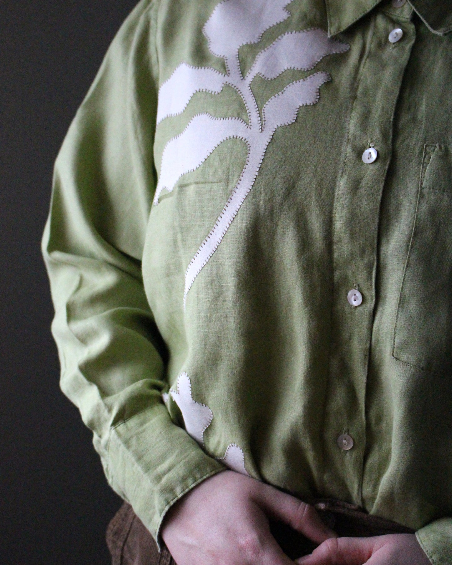 Lime Green Long Sleeve Shirt With Botanic Asymmetric Applique