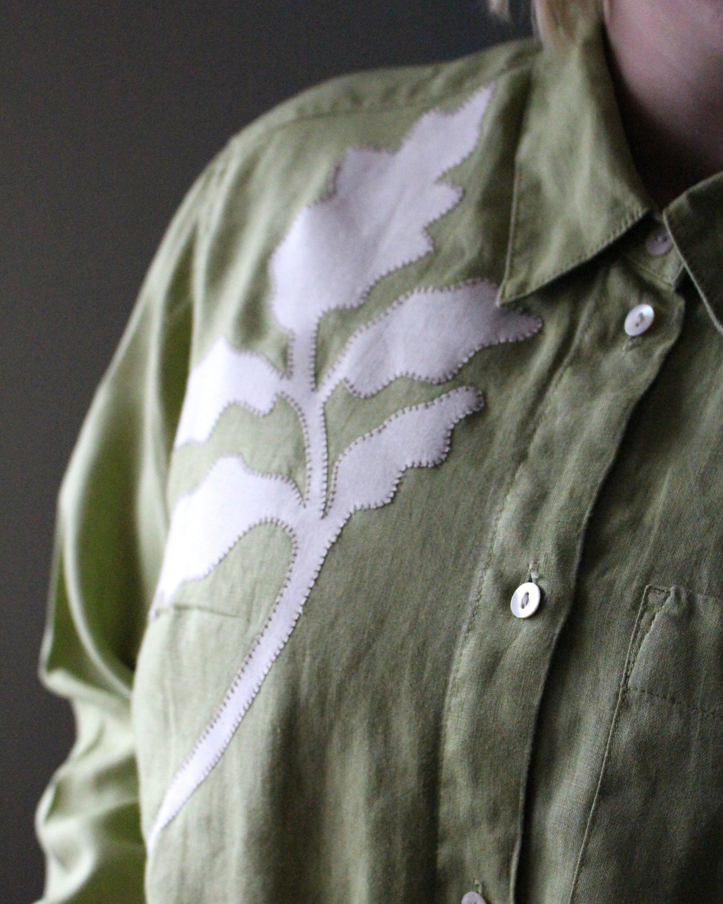 Lime Green Long Sleeve Shirt With Botanic Asymmetric Applique