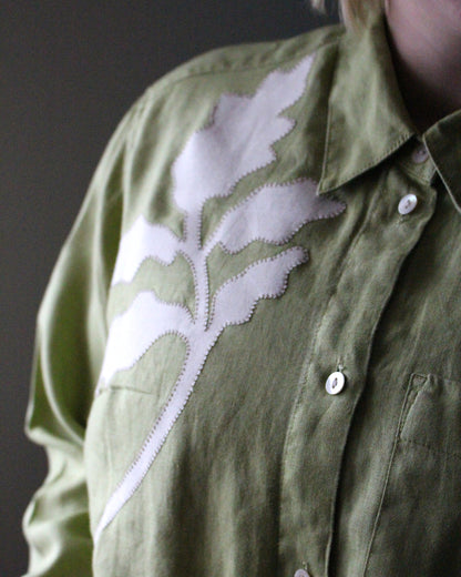 Lime Green Long Sleeve Shirt With Botanic Asymmetric Applique