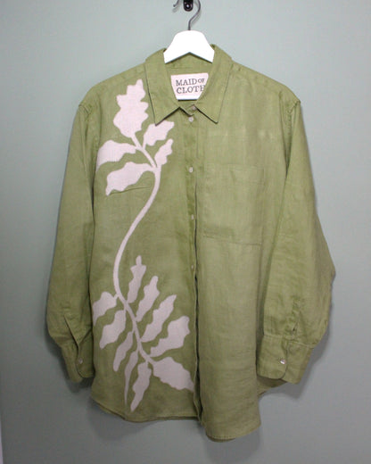Lime Green Long Sleeve Shirt With Botanic Asymmetric Applique