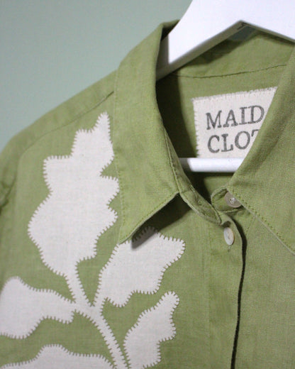 Lime Green Long Sleeve Shirt With Botanic Asymmetric Applique