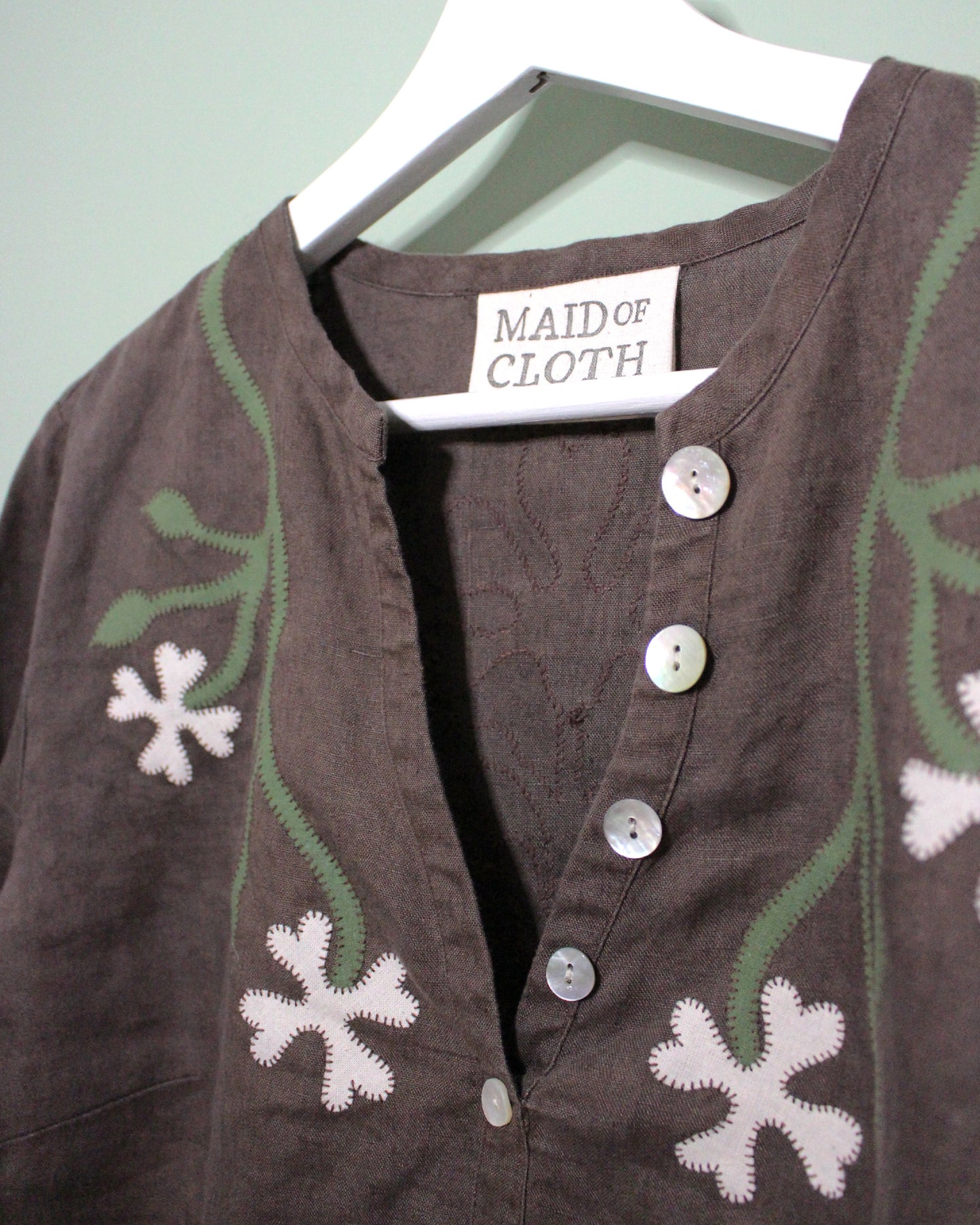 Brown Linen Reworked blouse with Floral Applique