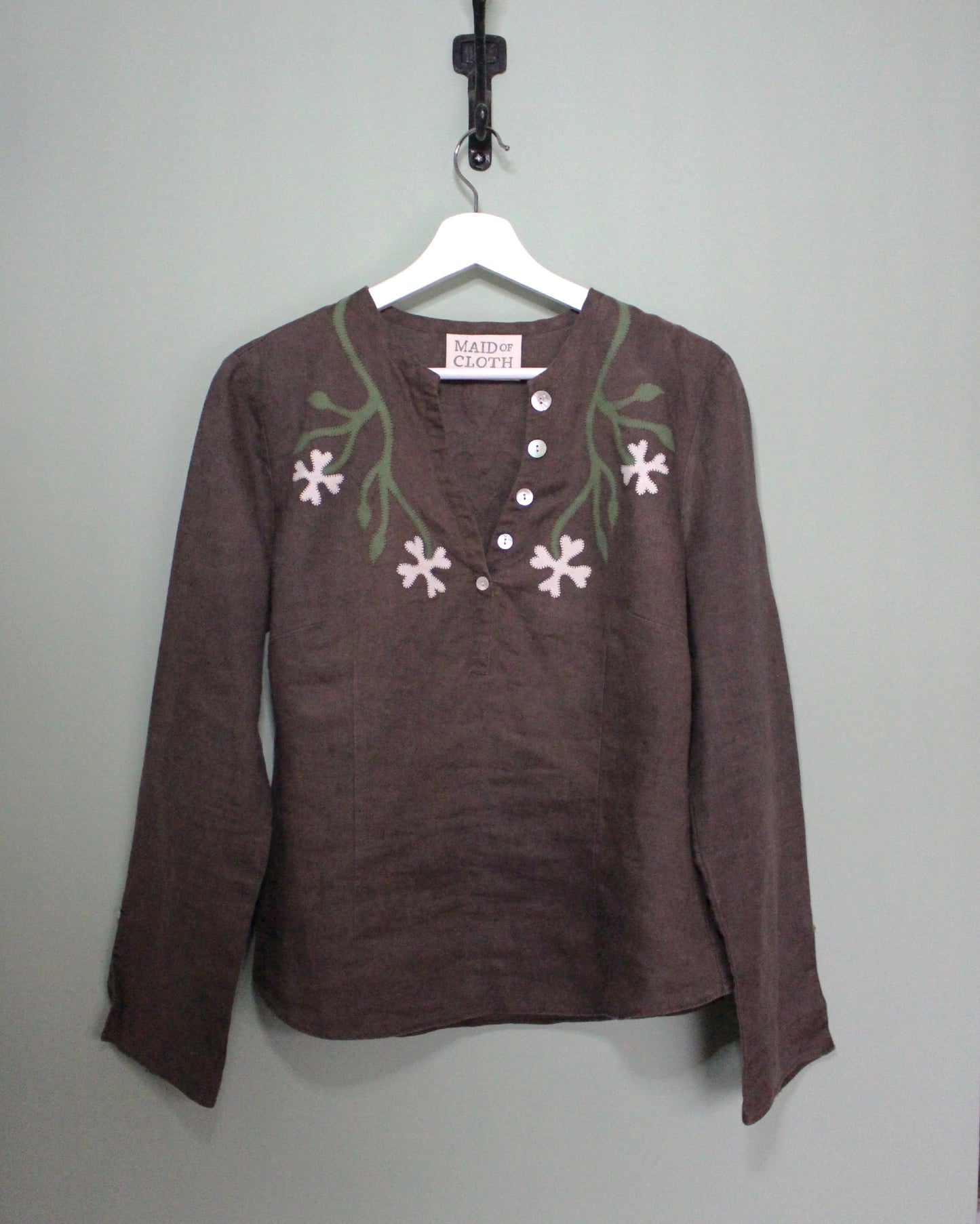 Brown Linen Reworked blouse with Floral Applique