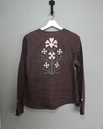 Brown Linen Reworked blouse with Floral Applique