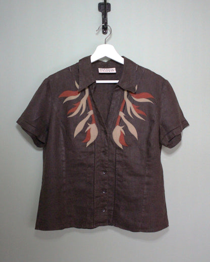 Brown Linen Blouse With Medieval Applique Design.