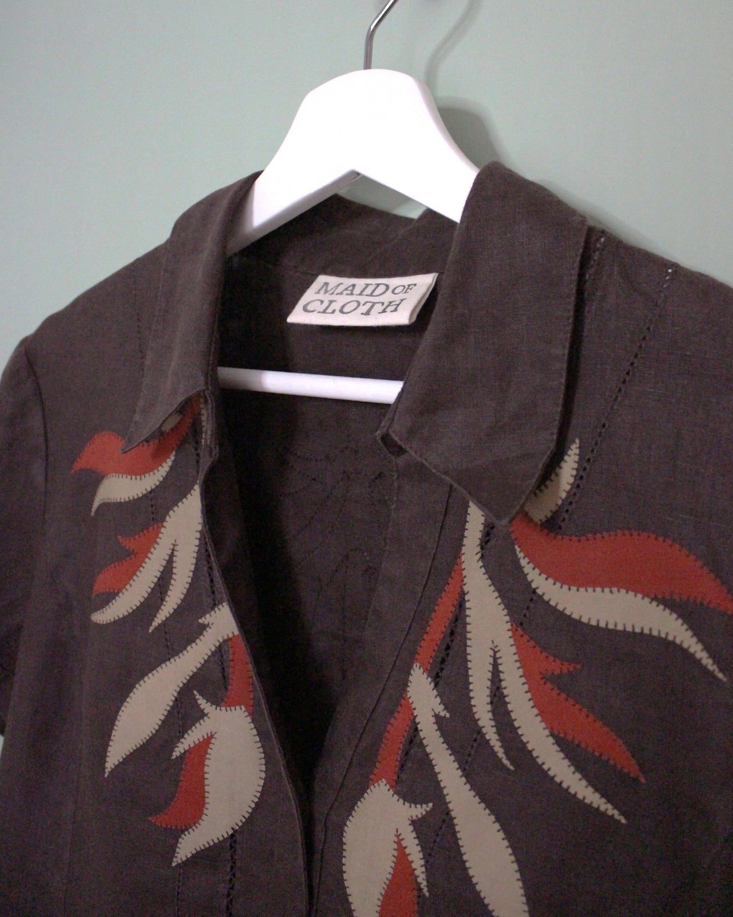 Brown Linen Blouse With Medieval Applique Design.