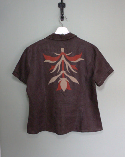 Brown Linen Blouse With Medieval Applique Design.