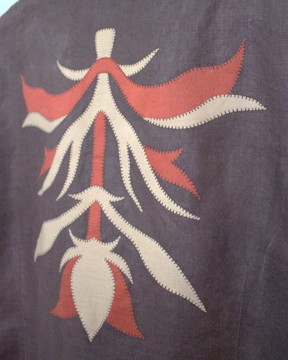 Brown Linen Blouse With Medieval Applique Design.