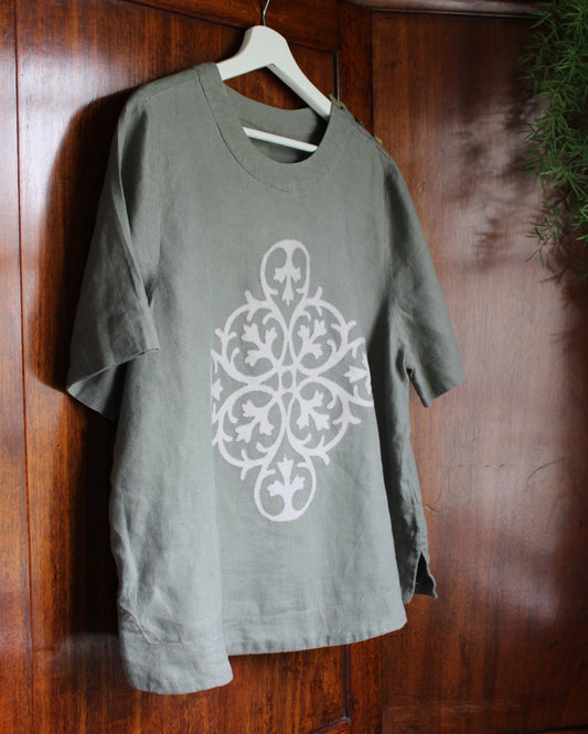 Ornate Neutral, Khaki Tunic Style Top