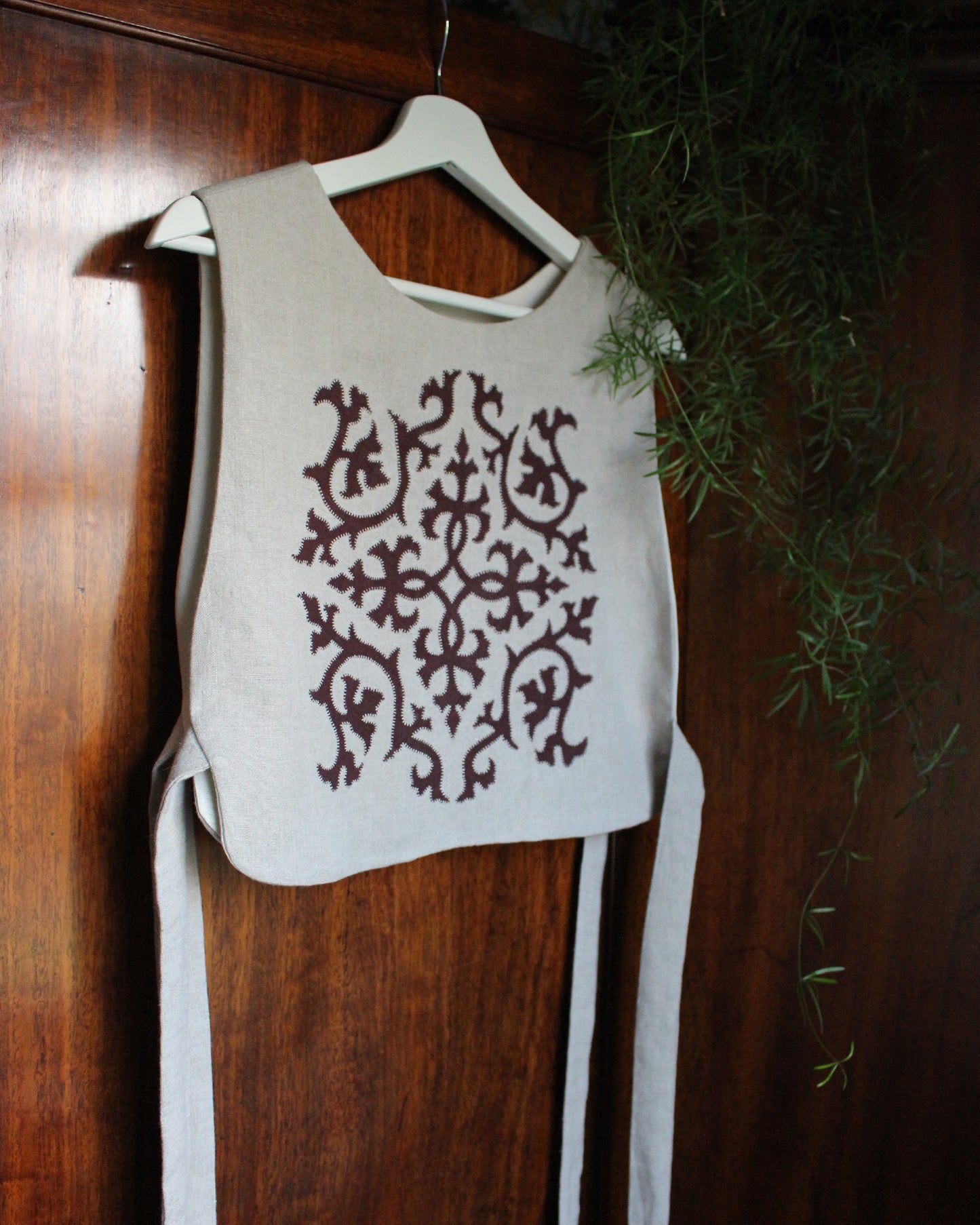 Burgundy Intertwining Vines on Natural Linen
