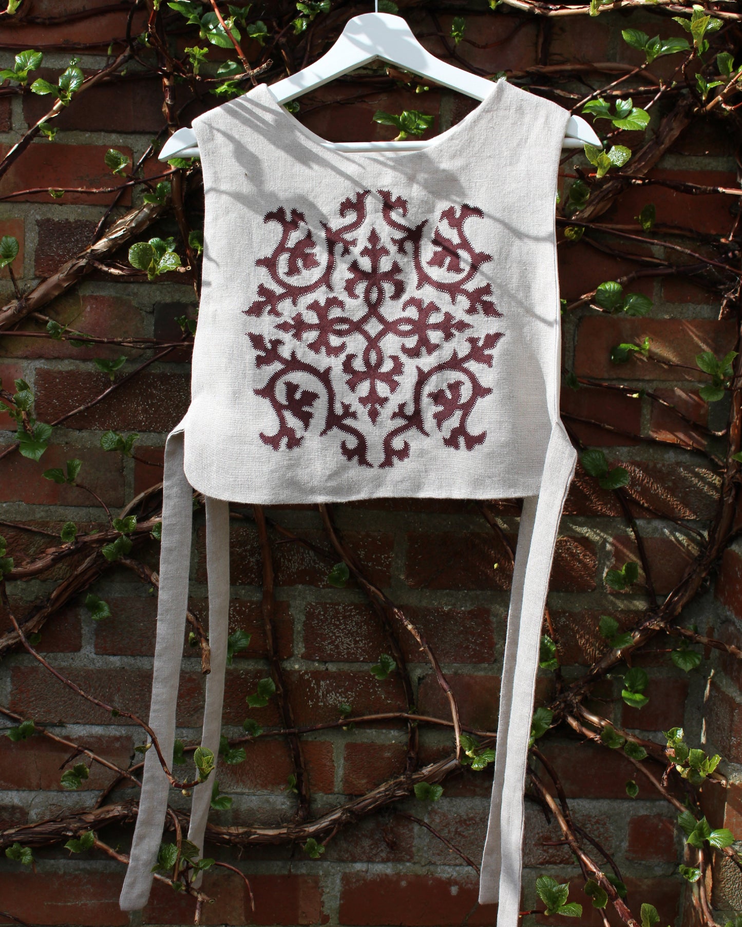 Burgundy Intertwining Vines on Natural Linen