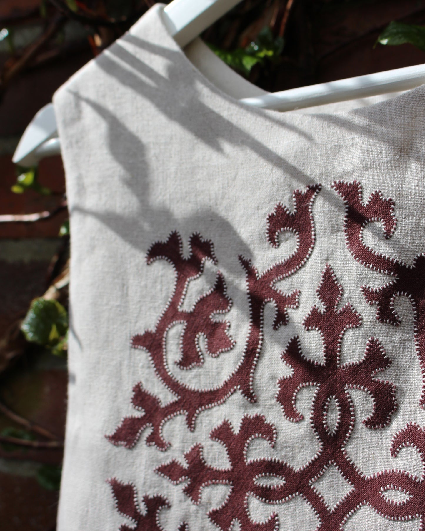 Burgundy Intertwining Vines on Natural Linen