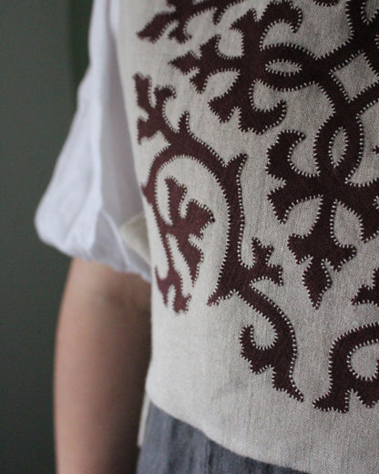 Burgundy Intertwining Vines on Natural Linen