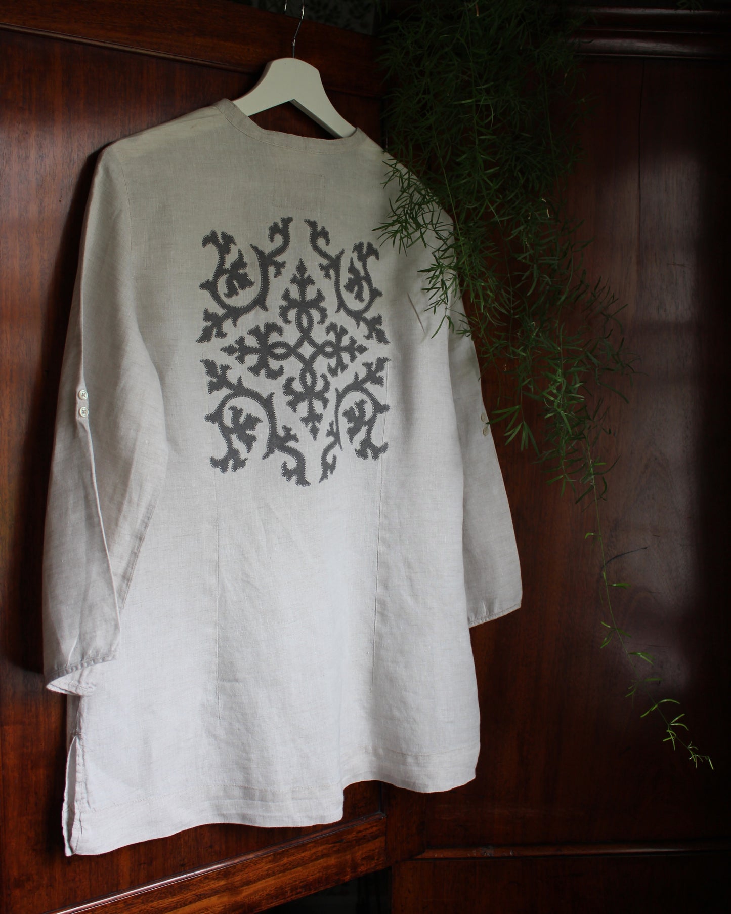 Intertwining Vines, Reworked Natural Linen Shirt
