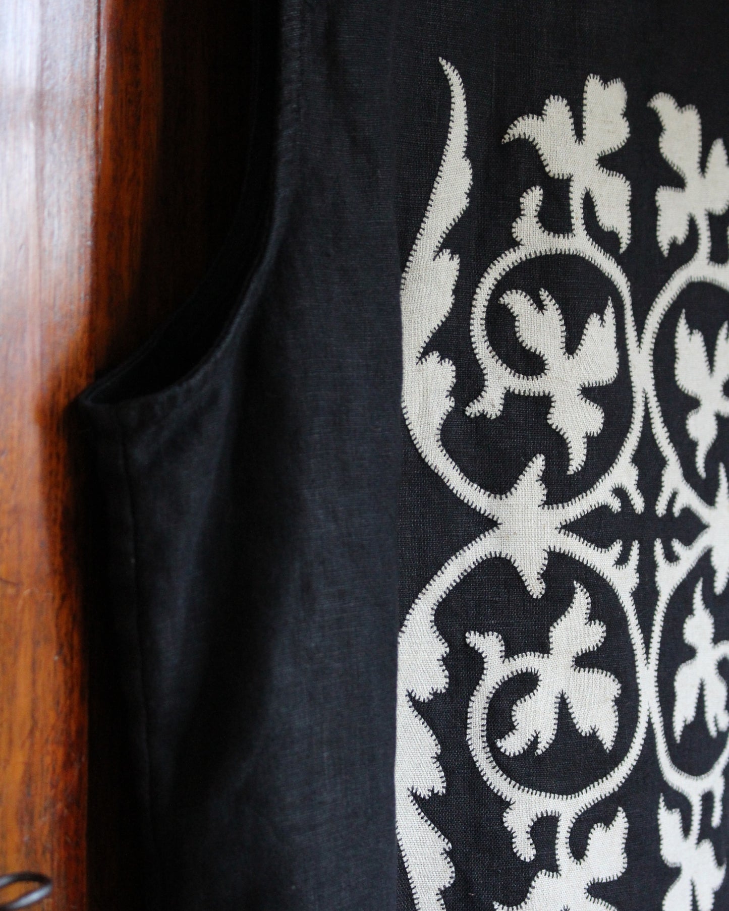 Applique Vines on Black Reworked Linen Waistcoat