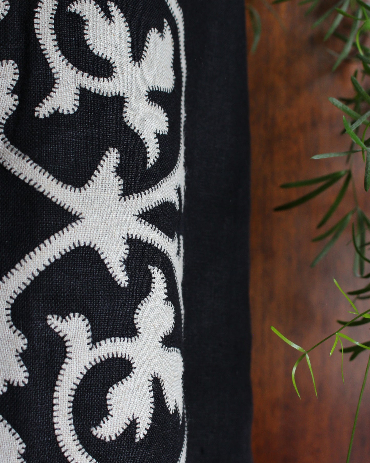 Applique Vines on Black Reworked Linen Waistcoat