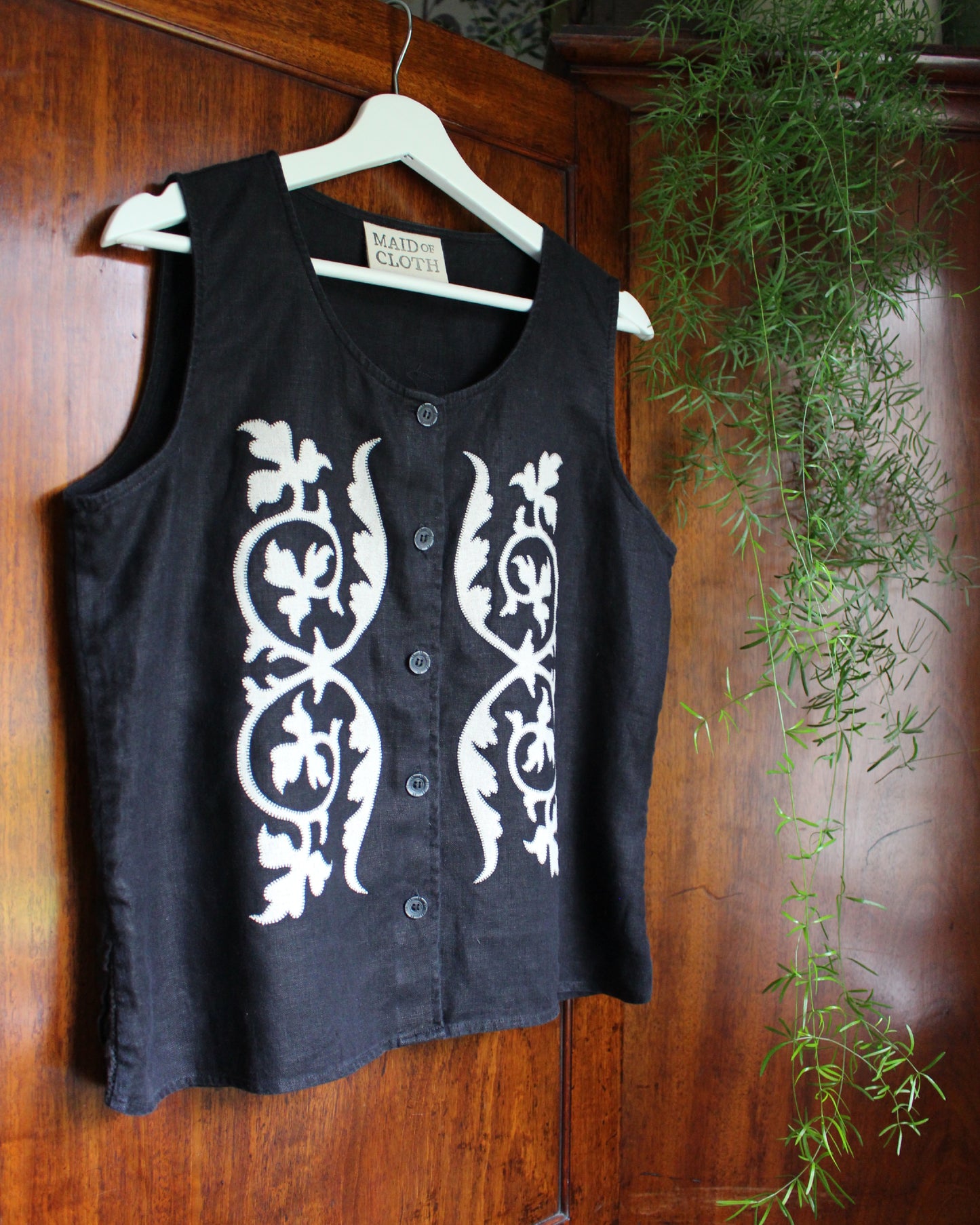 Applique Vines on Black Reworked Linen Waistcoat