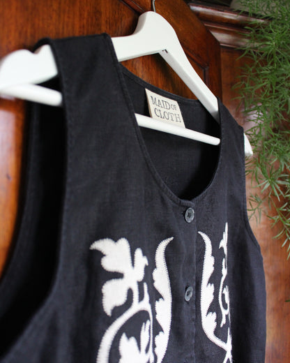 Applique Vines on Black Reworked Linen Waistcoat