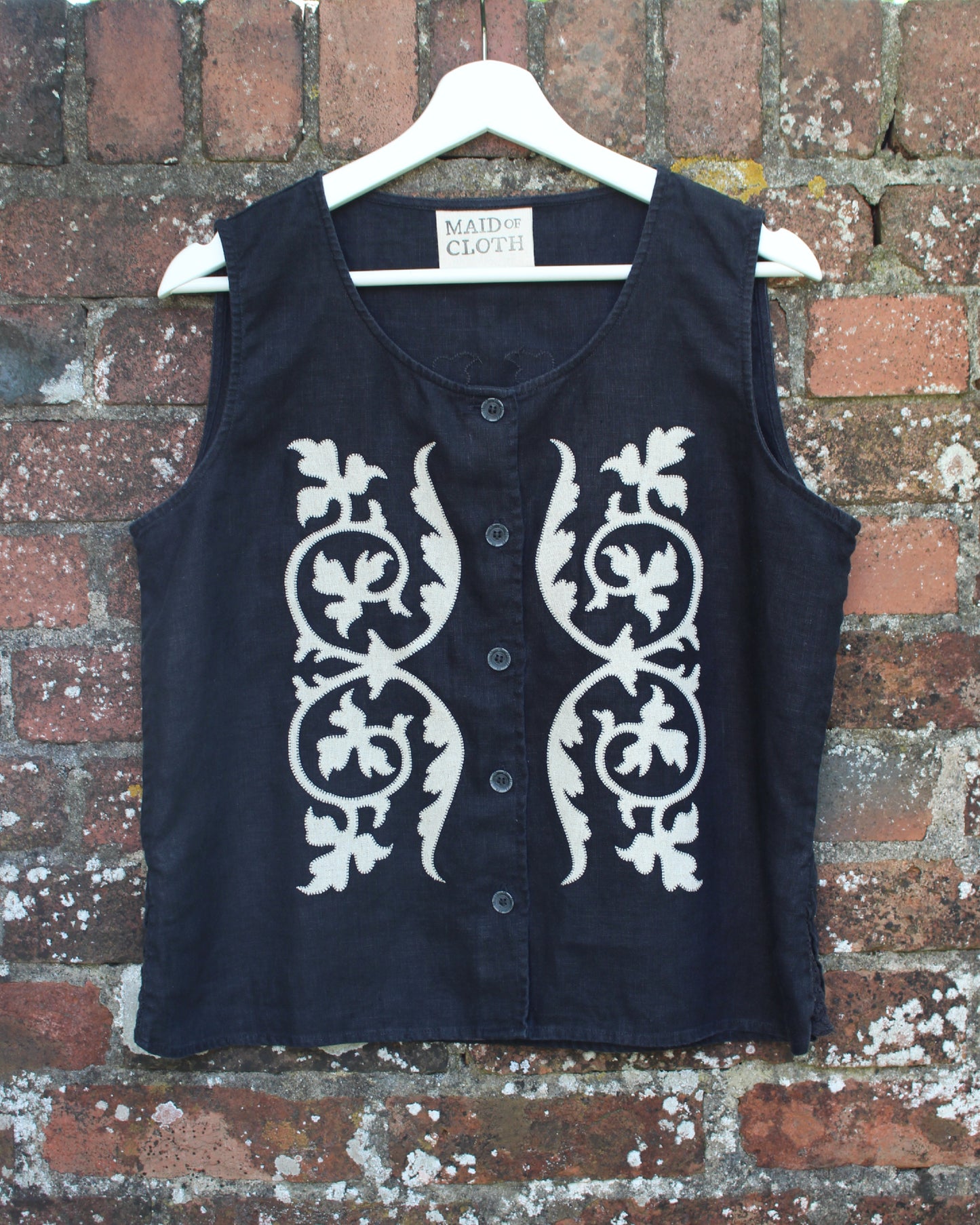 Applique Vines on Black Reworked Linen Waistcoat