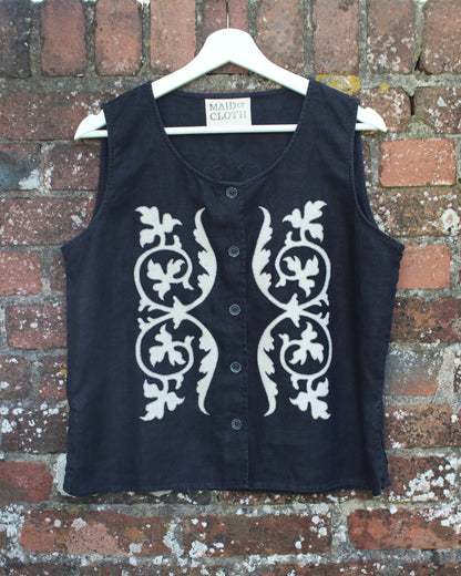 Applique Vines on Black Reworked Linen Waistcoat