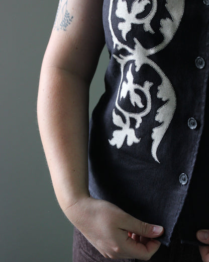 Applique Vines on Black Reworked Linen Waistcoat