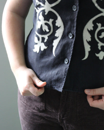 Applique Vines on Black Reworked Linen Waistcoat