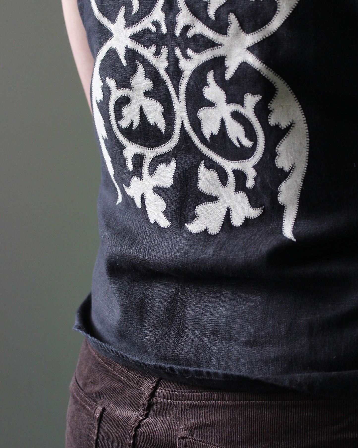 Applique Vines on Black Reworked Linen Waistcoat