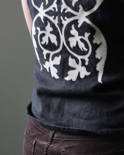 Applique Vines on Black Reworked Linen Waistcoat