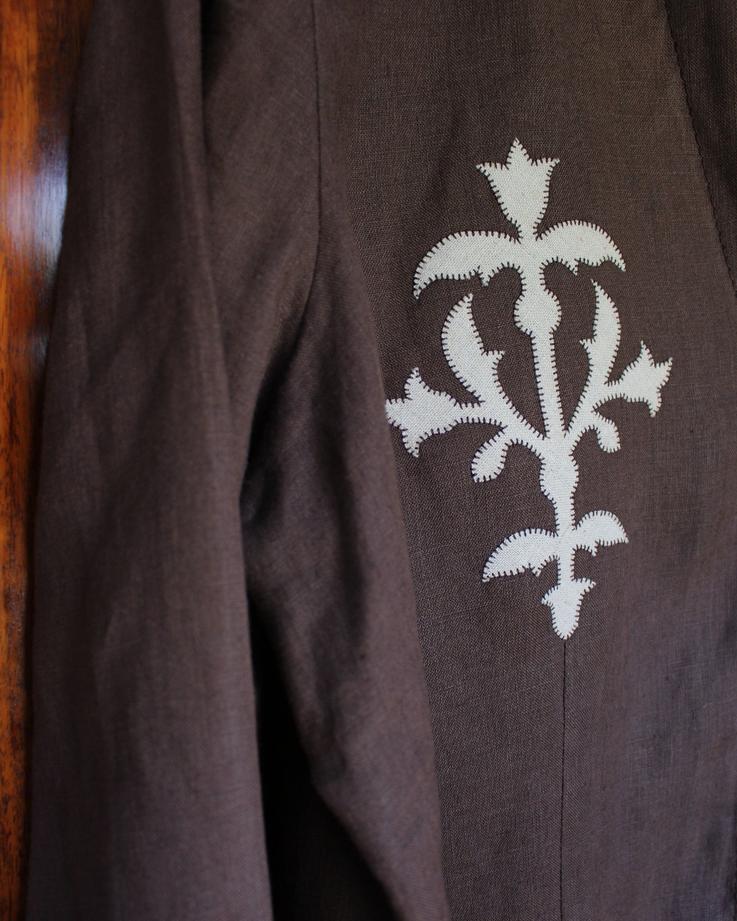 Medieval Floral Iron on Reworked Brown Linen Shirt