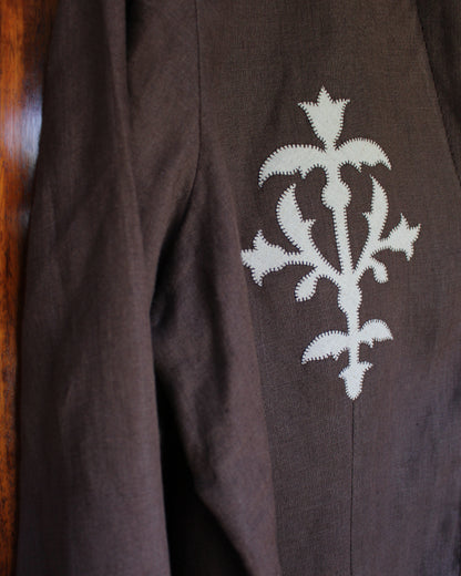 Medieval Floral Iron on Reworked Brown Linen Shirt