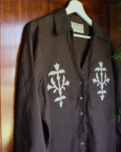 Medieval Floral Iron on Reworked Brown Linen Shirt