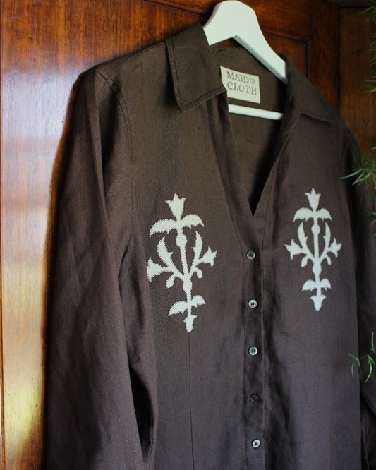Handmade Reworked Brown Linen Shirt — Medieval Floral Appliqué, UK 14